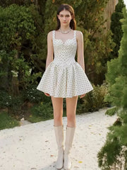 Retro Polka Dot Sleeveless With Back Shirring Mini Dress