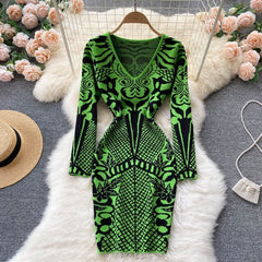 Retro Print Knitting Slim Bodycon Sweater Dress