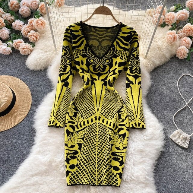 Retro Print Knitting Slim Bodycon Sweater Dress