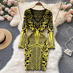 Retro Print Knitting Slim Bodycon Sweater Dress
