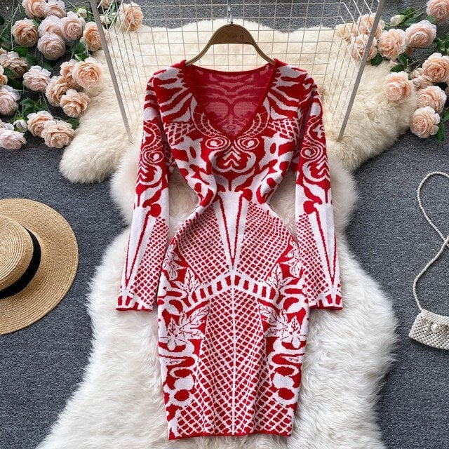 Retro Print Knitting Slim Bodycon Sweater Dress