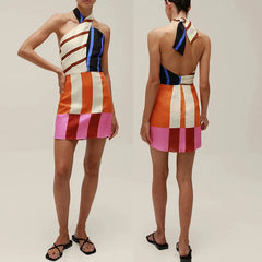 Retro Print Sweet Backless Sleeveless Halter Vacation Beach Style Short Dress