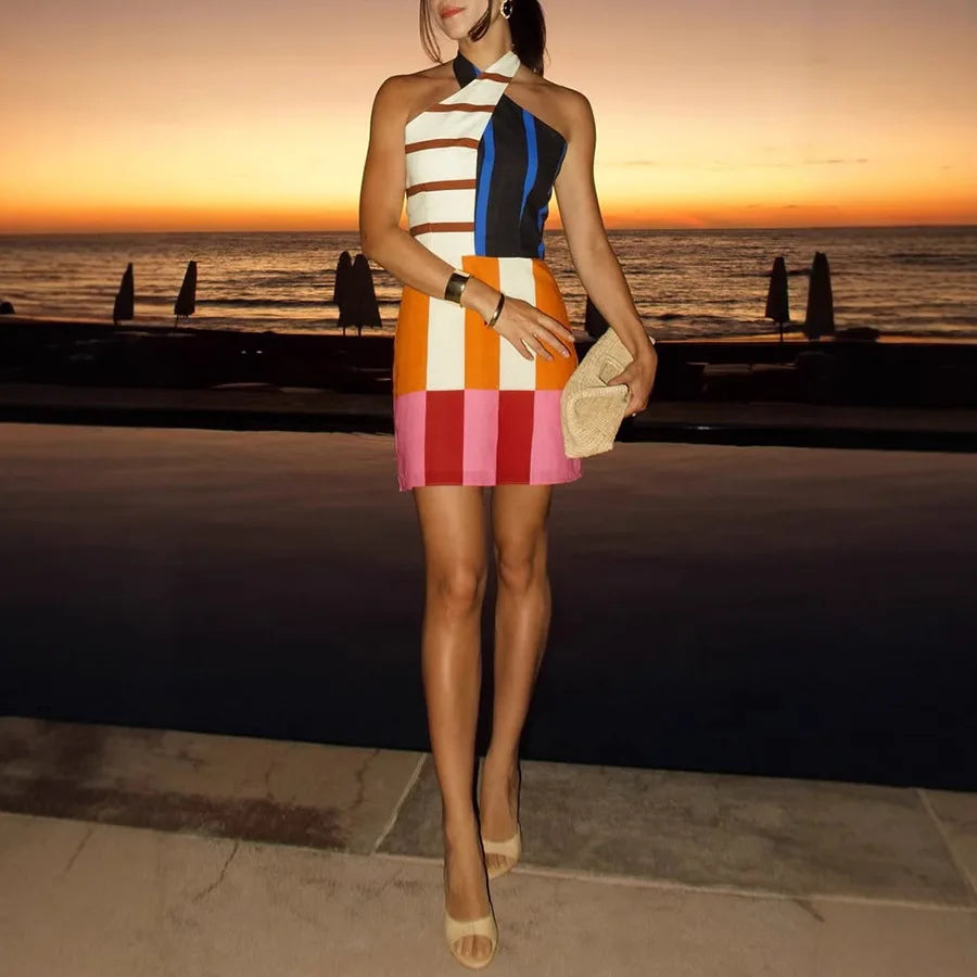 Retro Print Sweet Backless Sleeveless Halter Vacation Beach Style Short Dress