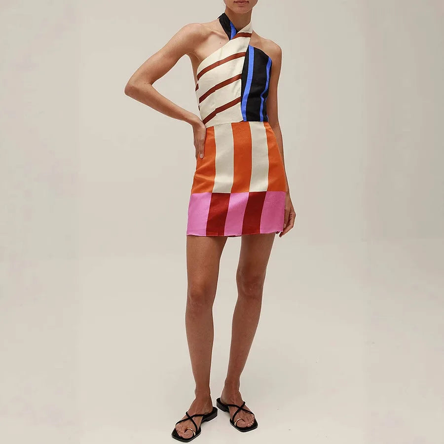 Retro Print Sweet Backless Sleeveless Halter Vacation Beach Style Short Dress