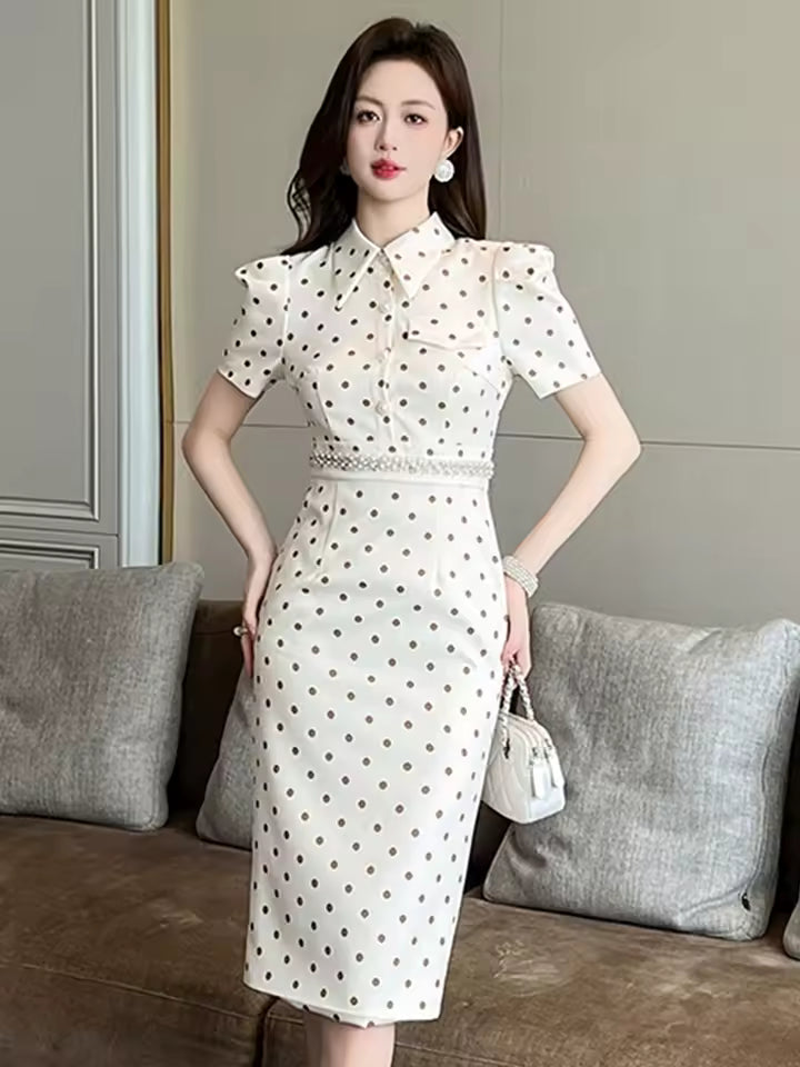 Elegant Shirt Dot Print Lapel Slim Midi Pencil Knee Length Dress