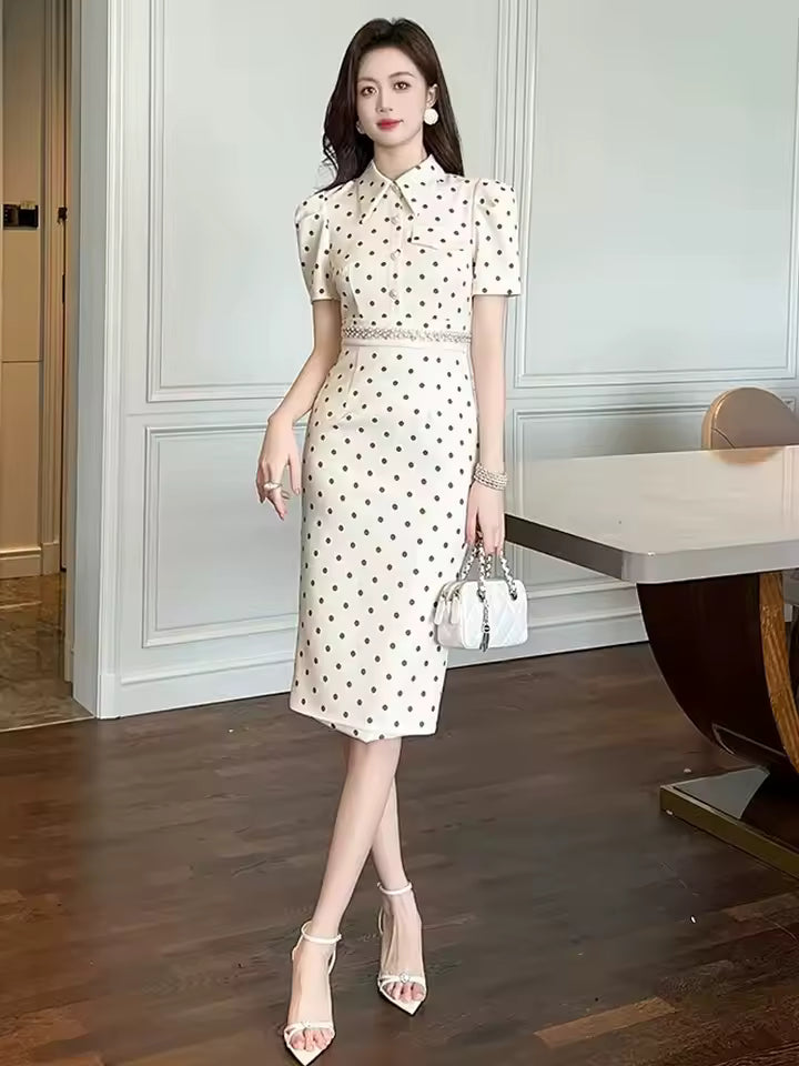 Elegant Shirt Dot Print Lapel Slim Midi Pencil Knee Length Dress