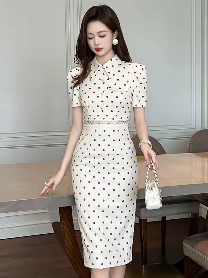 Elegant Shirt Dot Print Lapel Slim Midi Pencil Knee Length Dress