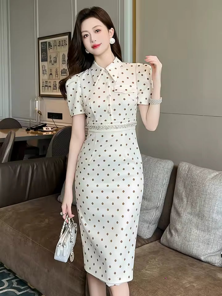 Elegant Shirt Dot Print Lapel Slim Midi Pencil Knee Length Dress