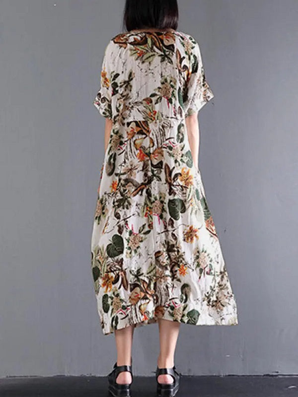 Retro Short Sleeve Cotton Floral Maxi Dress