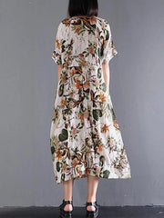 Retro Short Sleeve Cotton Floral Maxi Dress