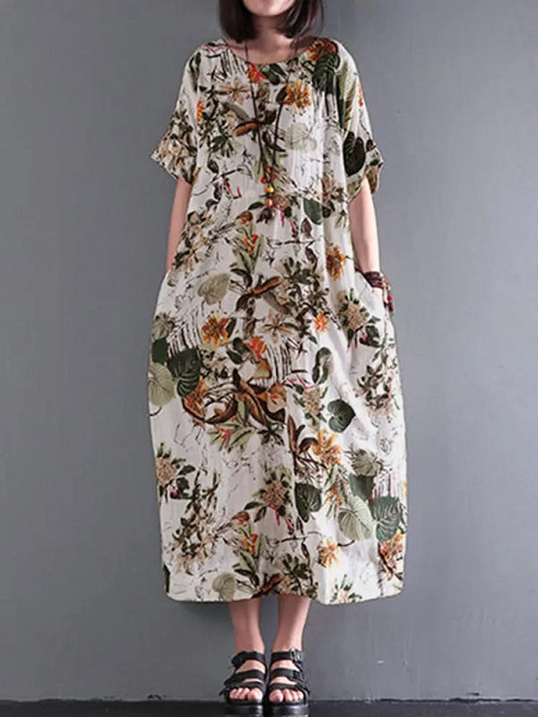 Retro Short Sleeve Cotton Floral Maxi Dress
