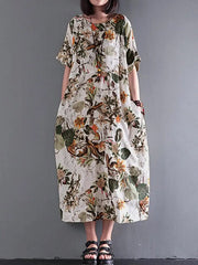 Retro Short Sleeve Cotton Floral Maxi Dress