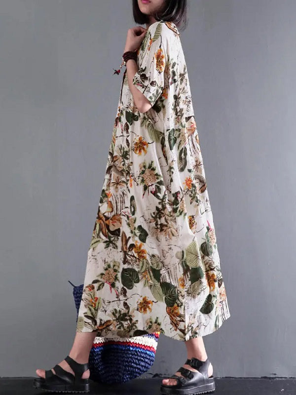 Retro Short Sleeve Cotton Floral Maxi Dress