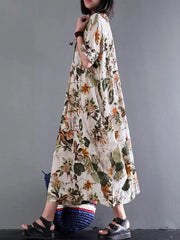 Retro Short Sleeve Cotton Floral Maxi Dress