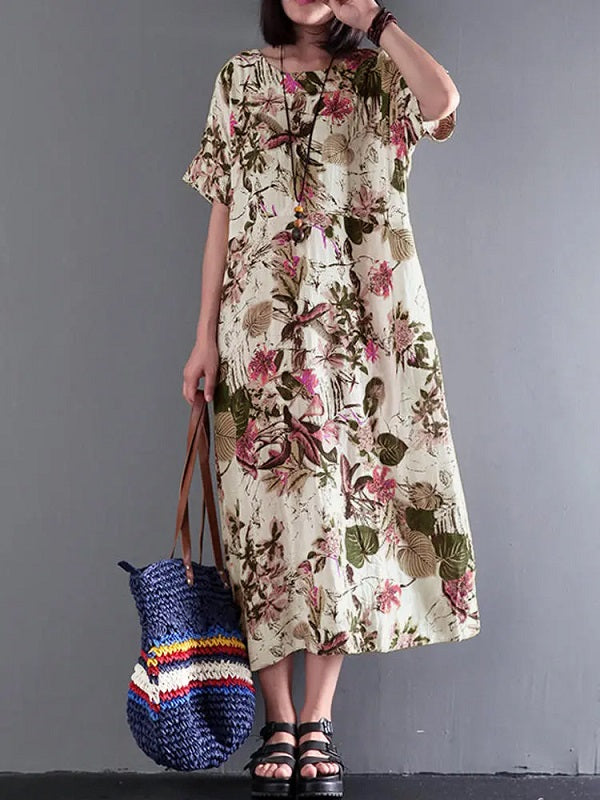 Retro Short Sleeve Cotton Floral Maxi Dress