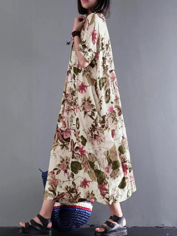 Retro Short Sleeve Cotton Floral Maxi Dress
