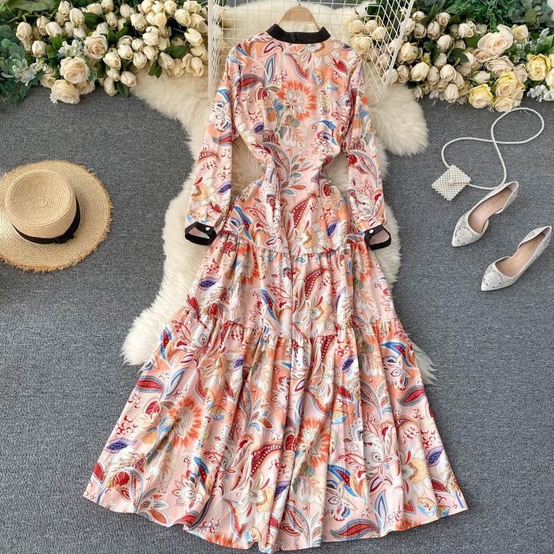 Retro Stand Collar Long Sleeve A-line Print Maxi Dress