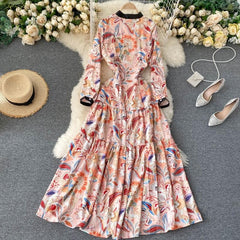 Retro Stand Collar Long Sleeve A-line Print Maxi Dress