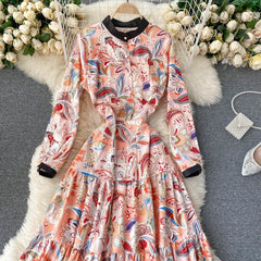 Retro Stand Collar Long Sleeve A-line Print Maxi Dress