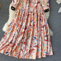 Retro Stand Collar Long Sleeve A-line Print Maxi Dress