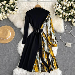 Retro Stand Neck Long Sleeve Belt Maxi Sweater Dress