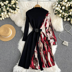 Retro Stand Neck Long Sleeve Belt Maxi Sweater Dress