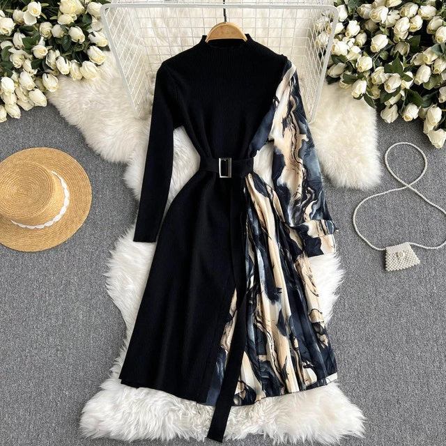 Retro Stand Neck Long Sleeve Belt Maxi Sweater Dress