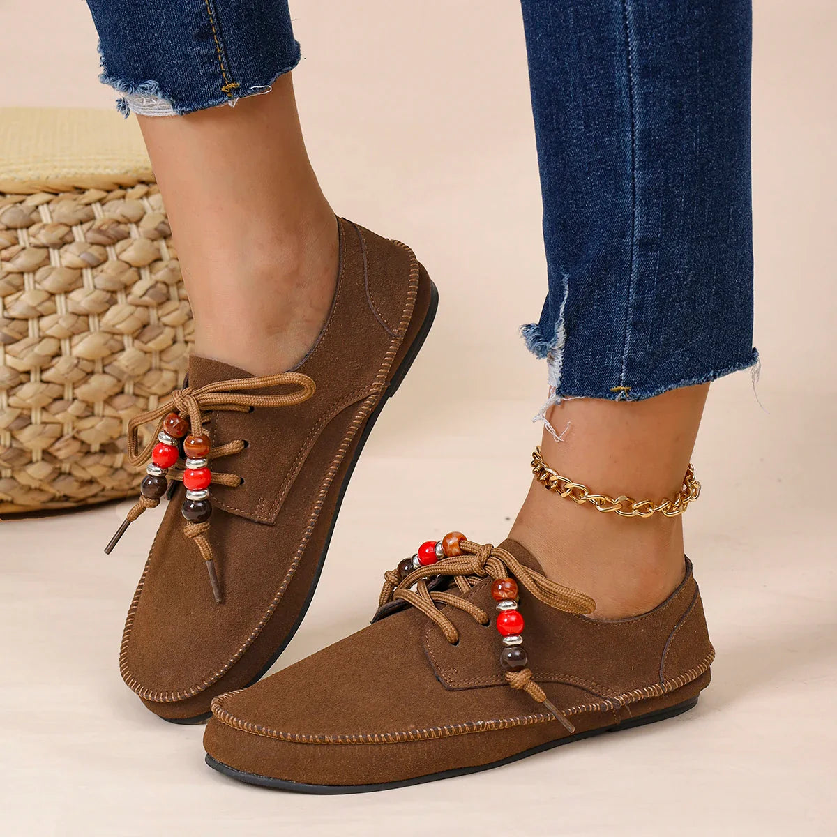 Retro Style Flat Sneakers Leisure Spring Autumn Sneakers Round Toe Lace-up String Bead Shoes
