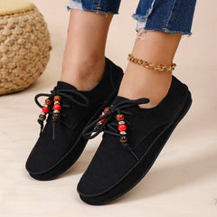 Retro Style Flat Sneakers Leisure Spring Autumn Sneakers Round Toe Lace-up String Bead Shoes