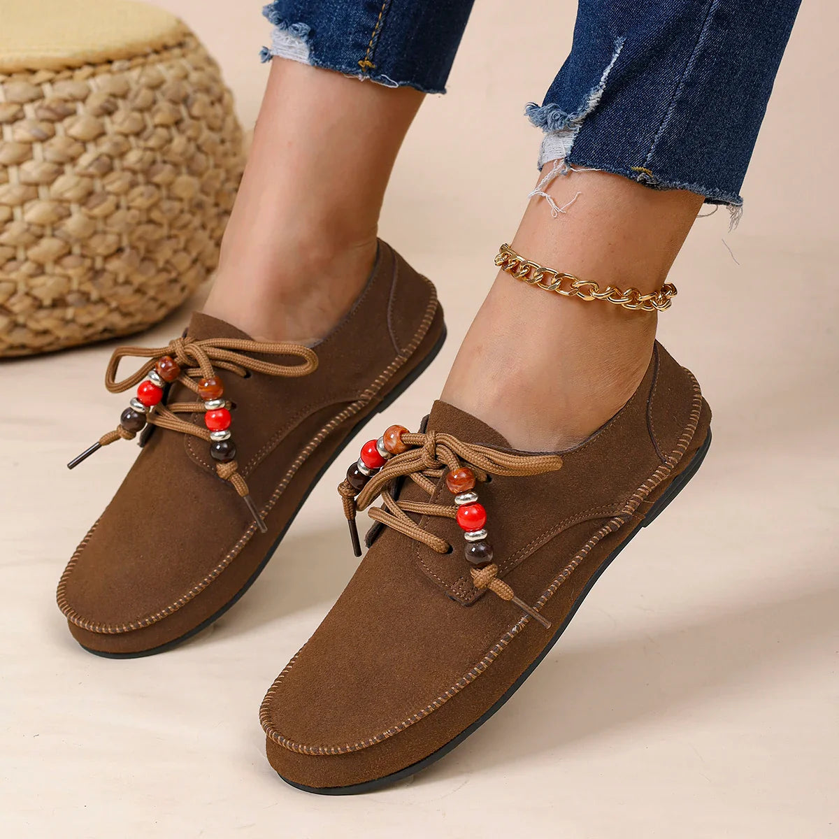 Retro Style Flat Sneakers Leisure Spring Autumn Sneakers Round Toe Lace-up String Bead Shoes