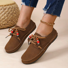 Retro Style Flat Sneakers Leisure Spring Autumn Sneakers Round Toe Lace-up String Bead Shoes