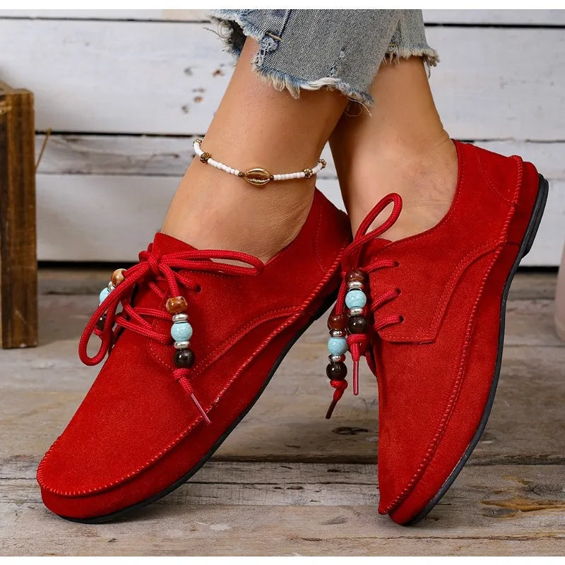 Retro Style Flat Sneakers Leisure Spring Autumn Sneakers Round Toe Lace-up String Bead Shoes