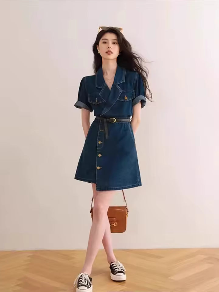 Retro Suit Collar High-End Feeling Short Sleeved Chic Short Skirt Denim Dress