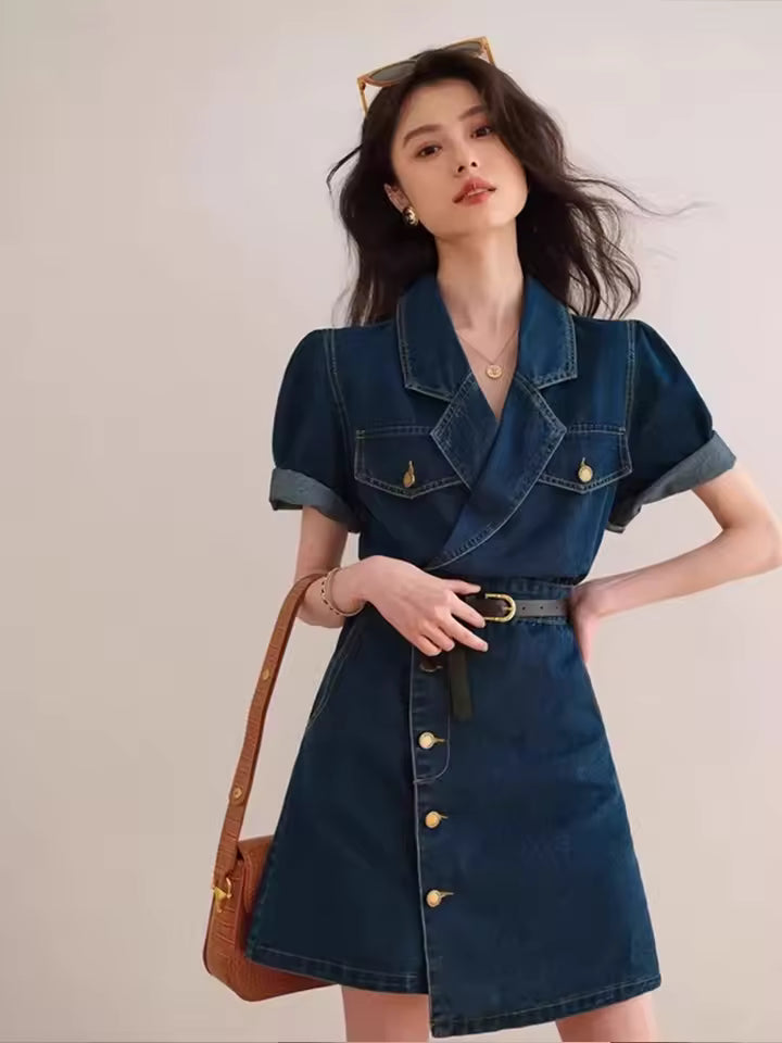 Retro Suit Collar High-End Feeling Short Sleeved Chic Short Skirt Denim Dress