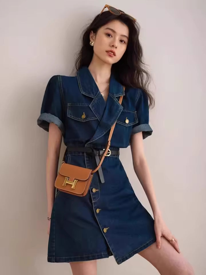 Retro Suit Collar High-End Feeling Short Sleeved Chic Short Skirt Denim Dress