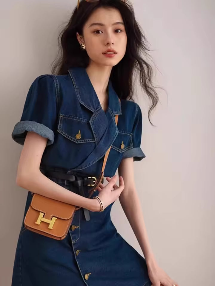 Retro Suit Collar High-End Feeling Short Sleeved Chic Short Skirt Denim Dress