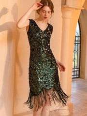 Retro V-Neck Polyester Fringe Knee Length Sleeveless Midi Dress