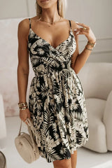 Retro V-Neck Print Sling Knee-Length Wrap Pleated Dresses