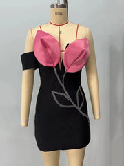 Rhinestone Asymmetric Off Shoulder 3D Decorative Evening Club Party Bodycon Bandage Mini Dress