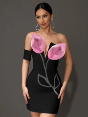 Rhinestone Asymmetric Off Shoulder 3D Decorative Evening Club Party Bodycon Bandage Mini Dress