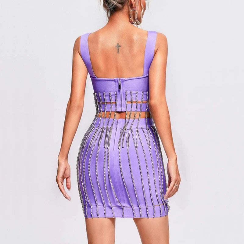 Rhinestone Chain Square Collar Spaghetti Strap Party Two Piece Bandage Top&Skirt