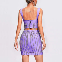Rhinestone Chain Square Collar Spaghetti Strap Party Two Piece Bandage Top&Skirt
