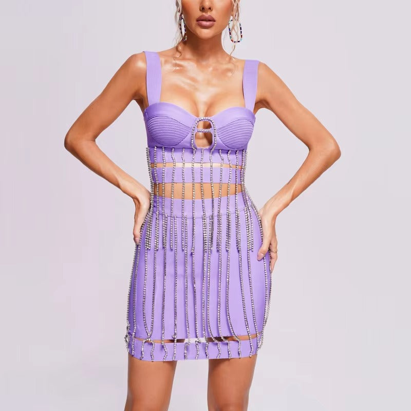 Rhinestone Chain Square Collar Spaghetti Strap Party Two Piece Bandage Top&Skirt