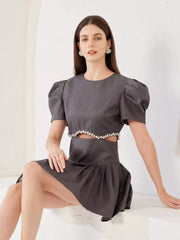 Rhinestone Decoration Cutout Waist Puff Sleeve Mini Dress