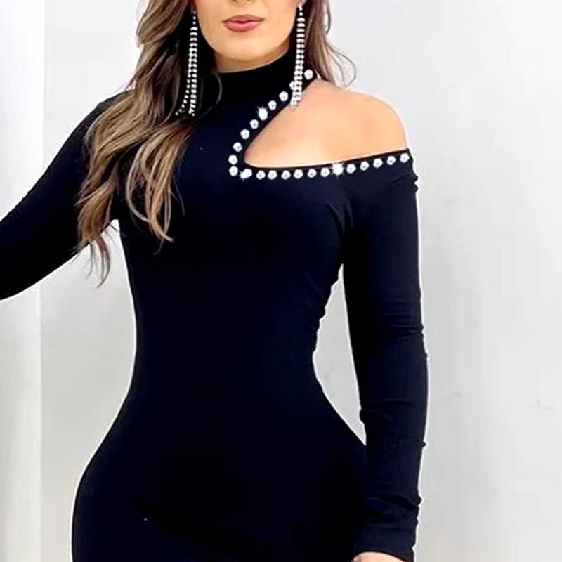 Rhinestone Decoration One Shoulder Long Sleeves Bodycon Mini Dress