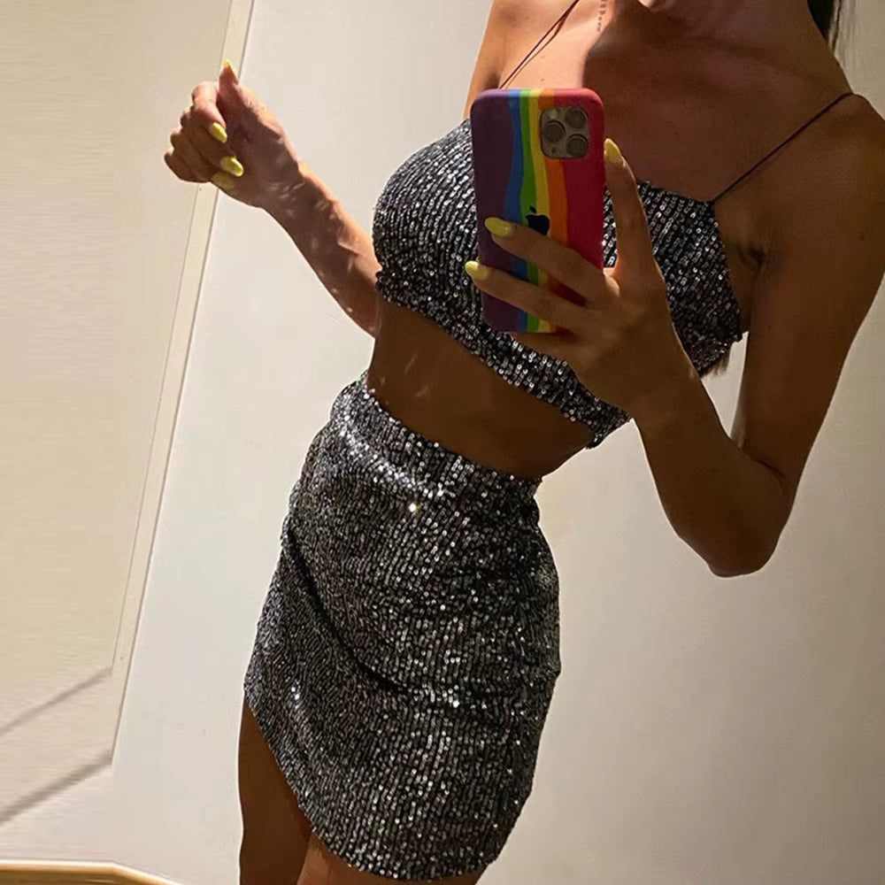 Rhinestone Glitter Sleeveless Square Neck Crop Top High Waist Mini Skirt Sets