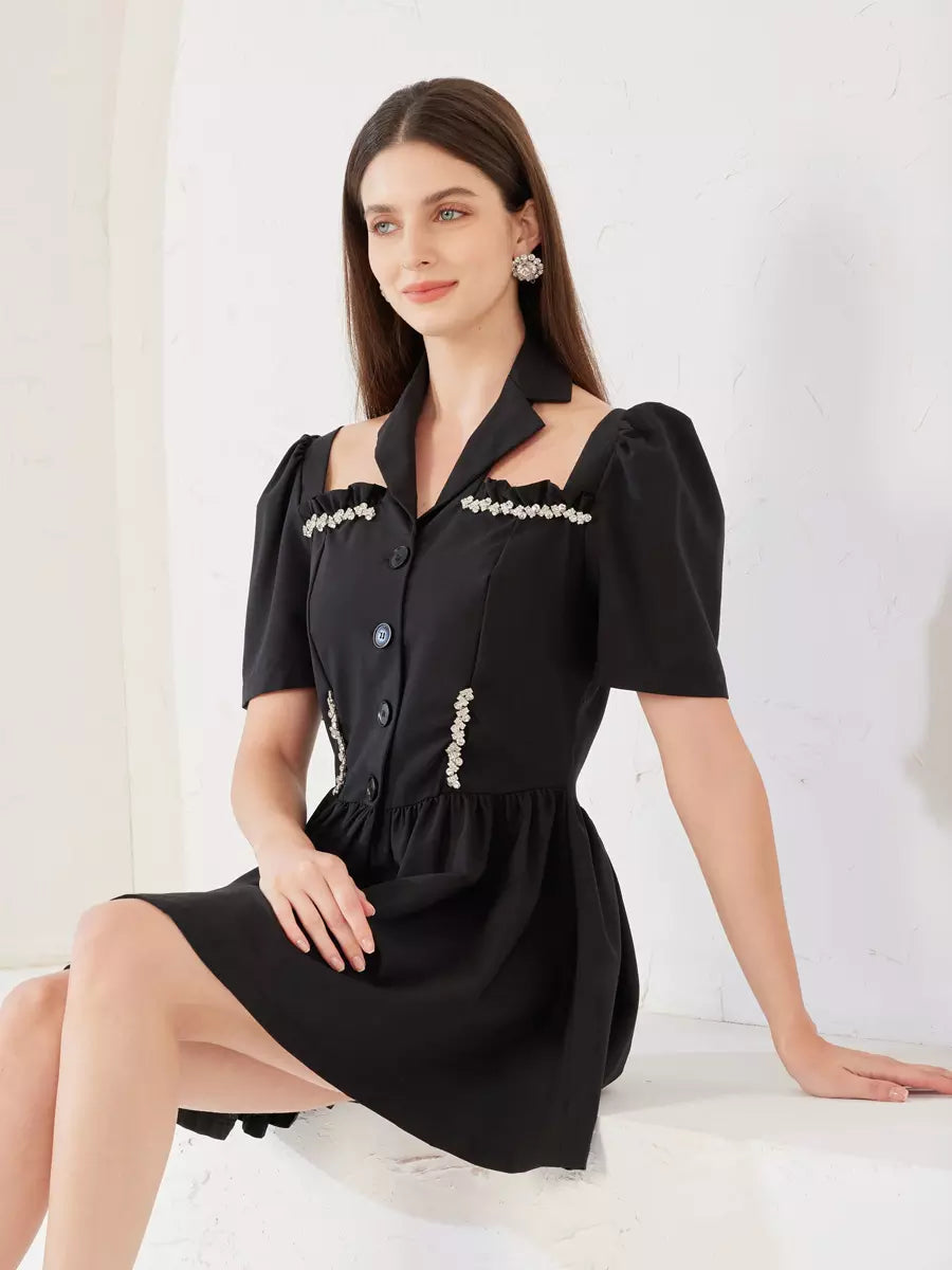 Rhinestone Halter Neck Short Sleeve A-line Pleated Dress
