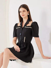 Rhinestone Halter Neck Short Sleeve A-line Pleated Dress