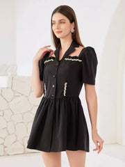 Rhinestone Halter Neck Short Sleeve A-line Pleated Dress