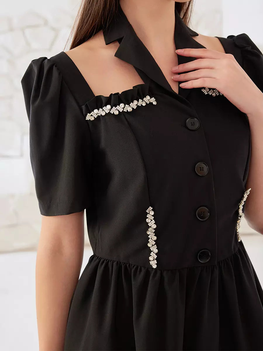 Rhinestone Halter Neck Short Sleeve A-line Pleated Dress